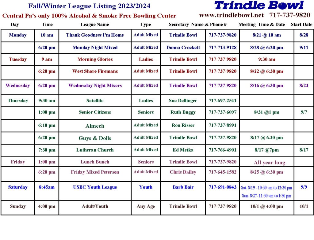 fall league schedule