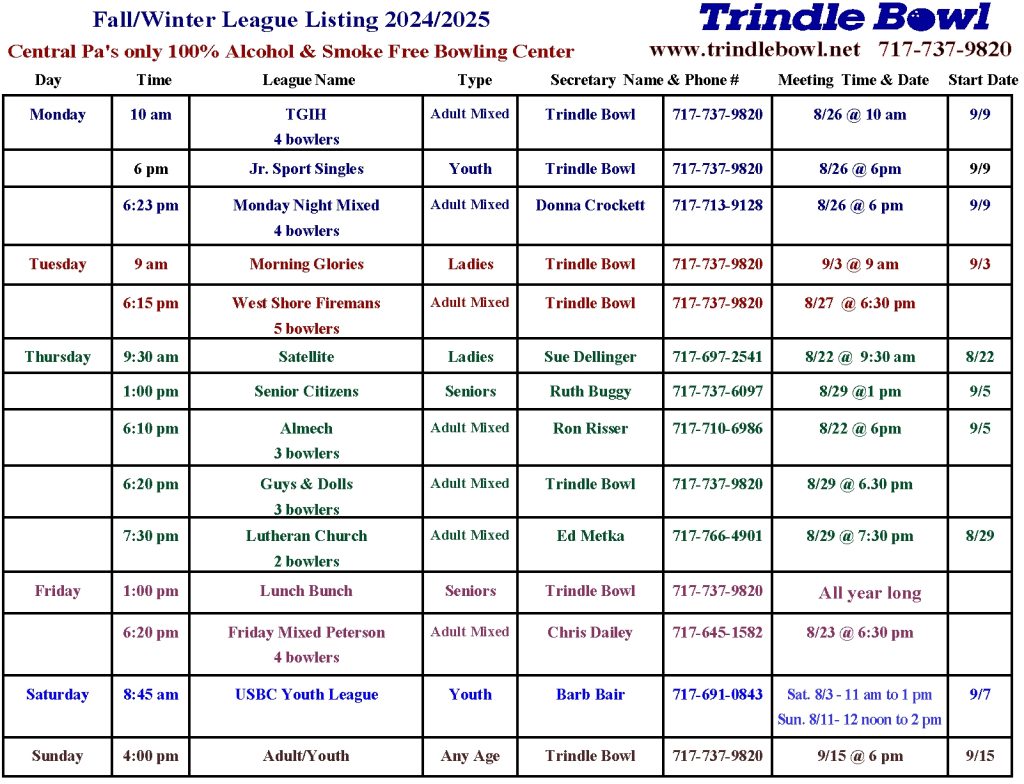 fall winter league schedule